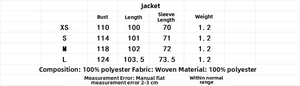 Detailed size chart for women's long wool coat including bust, length, and sleeve measurements