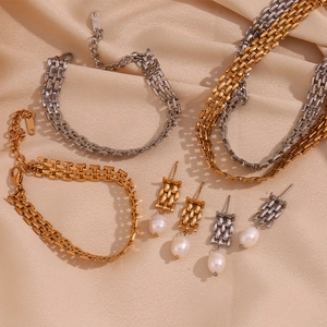 Fashion 18K gold plated stainless steel mesh watch band jewelry set with pearl earrings