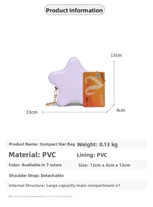 Detailed size chart of star-shaped purple PVC crossbody bag with 13x13x4cm dimensions
