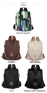 Multi-colored waterproof backpacks in five styles including floral, brown, and black options