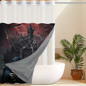 Gothic Halloween shower curtain with Grim Reaper and bats in a bathroom setting