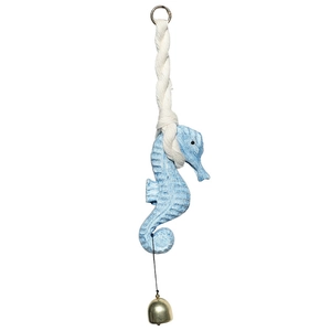 Blue wooden seahorse wall hanging decor with white rope and golden bell ornament