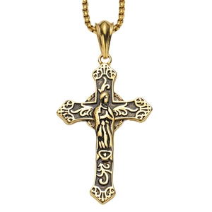 Golden stainless steel cross pendant necklace with prayer figure on box chain