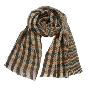 Detail of classic green and brown checkered knit scarf with soft frayed fringe edges