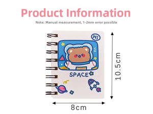 Detailed view of mini spiral notebook with cute astronaut bear and space icons
