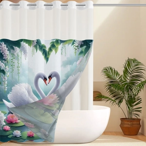 Rideau de douche double couche imperméable avec imprimé cygne blanc et lotus rose
