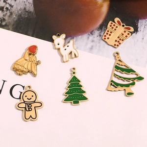 Cartoon Christmas charms in 14K gold plated stainless steel with colorful enamel pendants