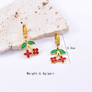 Detail of red cherry earrings with green leaves, 3.3cm length and 6.4g weight specification