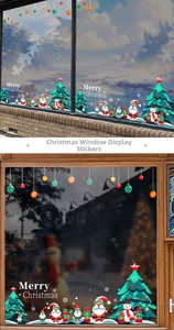 Stickers de Noël détaillés avec Père Noël et bonhomme de neige sur une vitre de fenêtre