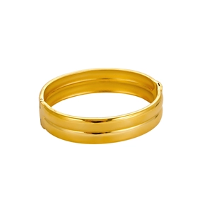 Detail of gold double-layered bangle featuring a side hinge and polished mirror finish