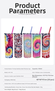 Detailed specs of 650ml double wall stainless steel skinny tumblers with tie-dye patterns