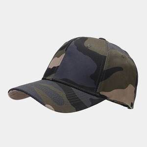 Close-up of camouflage baseball cap showing stitching and breathable eyelets on twill fabric