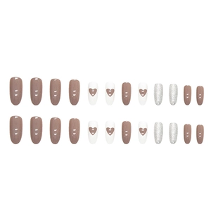 Brown and glitter heart press-on nails set with long oval shape for Valentine's Day