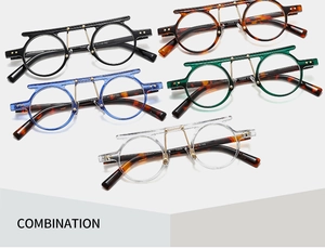 Detail of round punk sunglasses in multiple colors with metal top bar and tortoiseshell arms