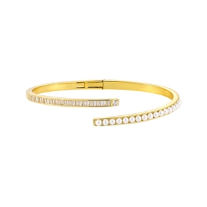 S925 sterling silver open bangle with white pearls and rectangular cubic zirconia accents