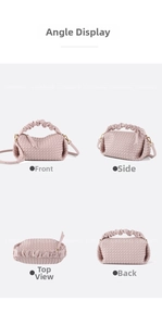 Detailed views of a pink woven handbag with ruffled handles and golden zipper hardware