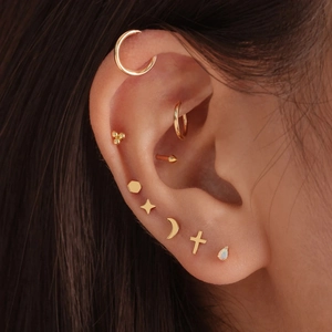 S925 sterling silver gold opal cartilage stud earring set with moon and star designs