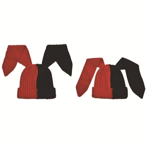 Detail of red and black contrasting knit beanie with long bunny ears in Gothic Harajuku style