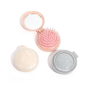 Foldable marble pattern hair brushes with mirrors in pink, beige and grey colors
