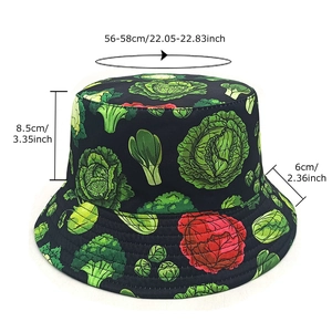 Unisex vegetable print bucket hat in black cotton with 56-58cm head size measurements