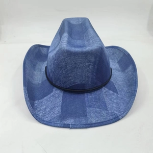 Front view of a blue denim texture cowboy hat with black decorative cord detail.
