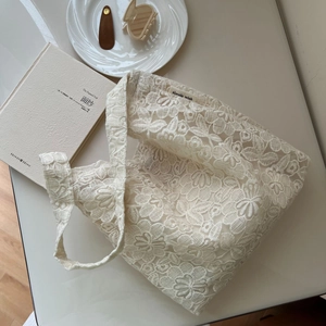 Elegant cream white lace tote bag with 3D floral embroidery and simple wish label