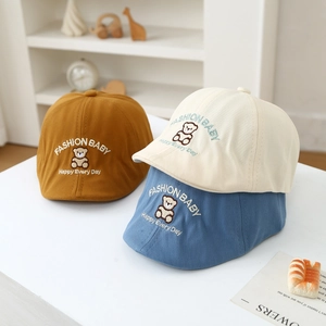 Kids Baby Beret Duckbill Cap Cotton Blend Embroidery Cartoon Bear Flat Hat Adjustable Casual Headwear