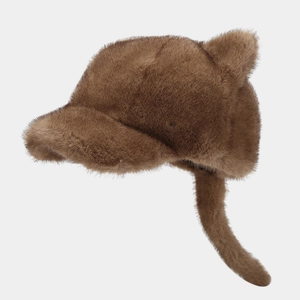 Close-up of brown plush cat ear baseball cap with long furry tail detail
