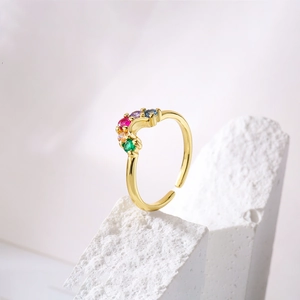 Rainbow cubic zirconia open ring in gold plating with five-color gems on geometric stone