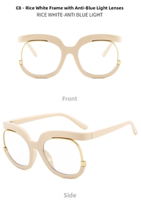 Detail of cream oversized Y2K glasses frame showing anti-blue light lenses and golden temples
