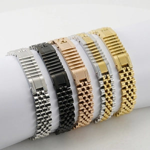 Men's stainless steel watch band chain bracelets in five metal finishes on white display