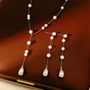 Elegant Imitation Artificial Pearl Jewelry Water Drop Pendant Y Shaped Necklace And Dangle Earrings With Silver Earring Post