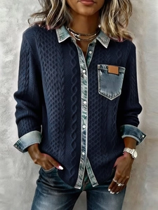 Knit patchwork denim shirt with cable knit texture and button-up front design