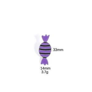 Detail of purple candy enamel pin with black stripes, 33mm height and 14mm width