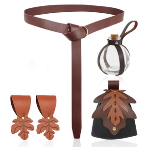Brown medieval leather belt set with potion bottle and leaf pouch for cosplay fantasy costumes