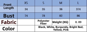 Size chart detail for asymmetrical ruched slim top in polyester fabric with various colors