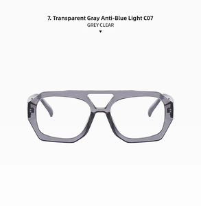Detail view of transparent grey pilot frame with anti-blue light clear lens technology