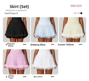 Detail of high-waist tutu skirts in black, blue, yellow, pink, and white for yoga sets