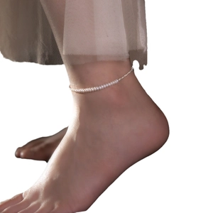 Minimalist S925 sterling silver pearl anklet with irregular beads on model