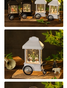 Close-up of vintage Christmas snow globe lantern in a rustic cart with Santa and snowman
