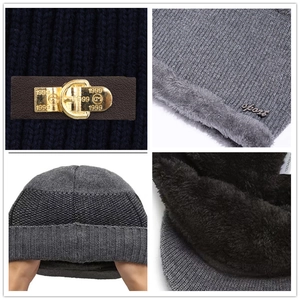 Men's winter fleece-lined knit beanie and neck warmer set with windproof ear flaps