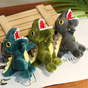Cute plush dinosaur keychain set in green and grey with soft material and metal clip