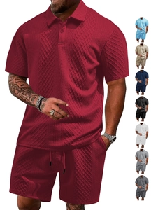 Men's summer polo and shorts set with waffle texture in red and multiple colors