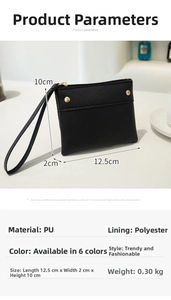 Detailed size chart of black pebbled PU leather coin purse with wrist strap and zipper