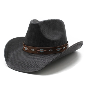 Classic black woven western cowboy hat with ethnic patterned leather band for sun protection