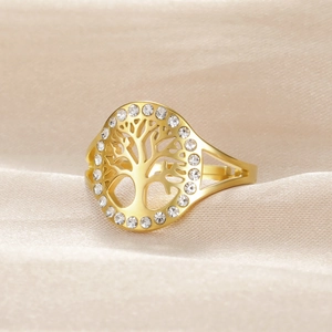 18K gold plated tree of life open ring with sparkling crystal accents for women