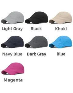 Macro detail of breathable mesh sun caps in seven vibrant colors on white background
