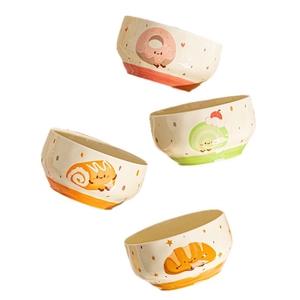 Set of 4 cute cartoon ceramic bowls with warm beige finish and dessert patterns