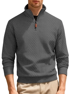 Detail of men's grey knit sweater featuring diamond texture and quarter-zip stand collar
