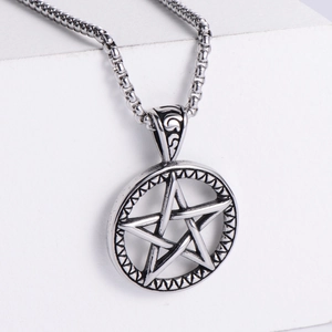 Punk style stainless steel pentagram circle pendant necklace with a vintage silver finish